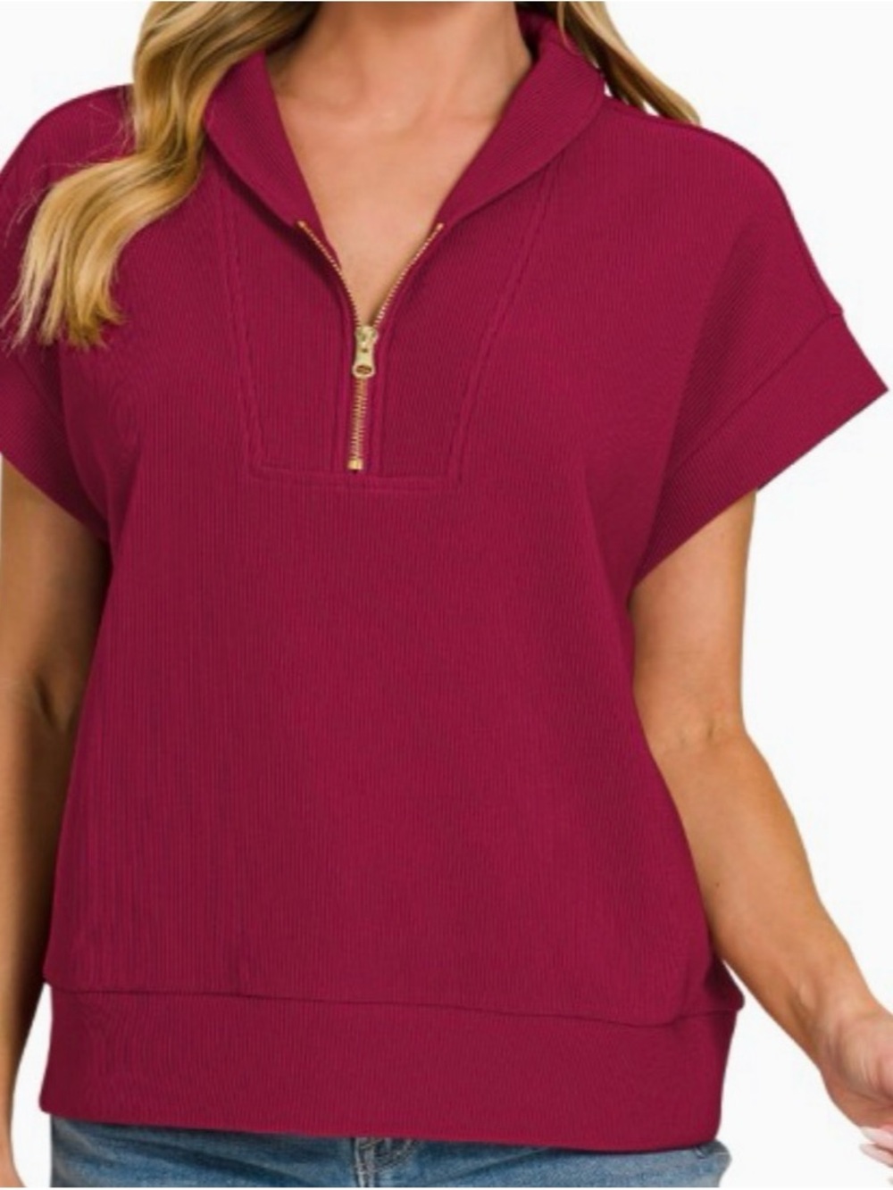 Zenana Outfitters Short-Sleeve Ribbed Half-Zip Top - Wine